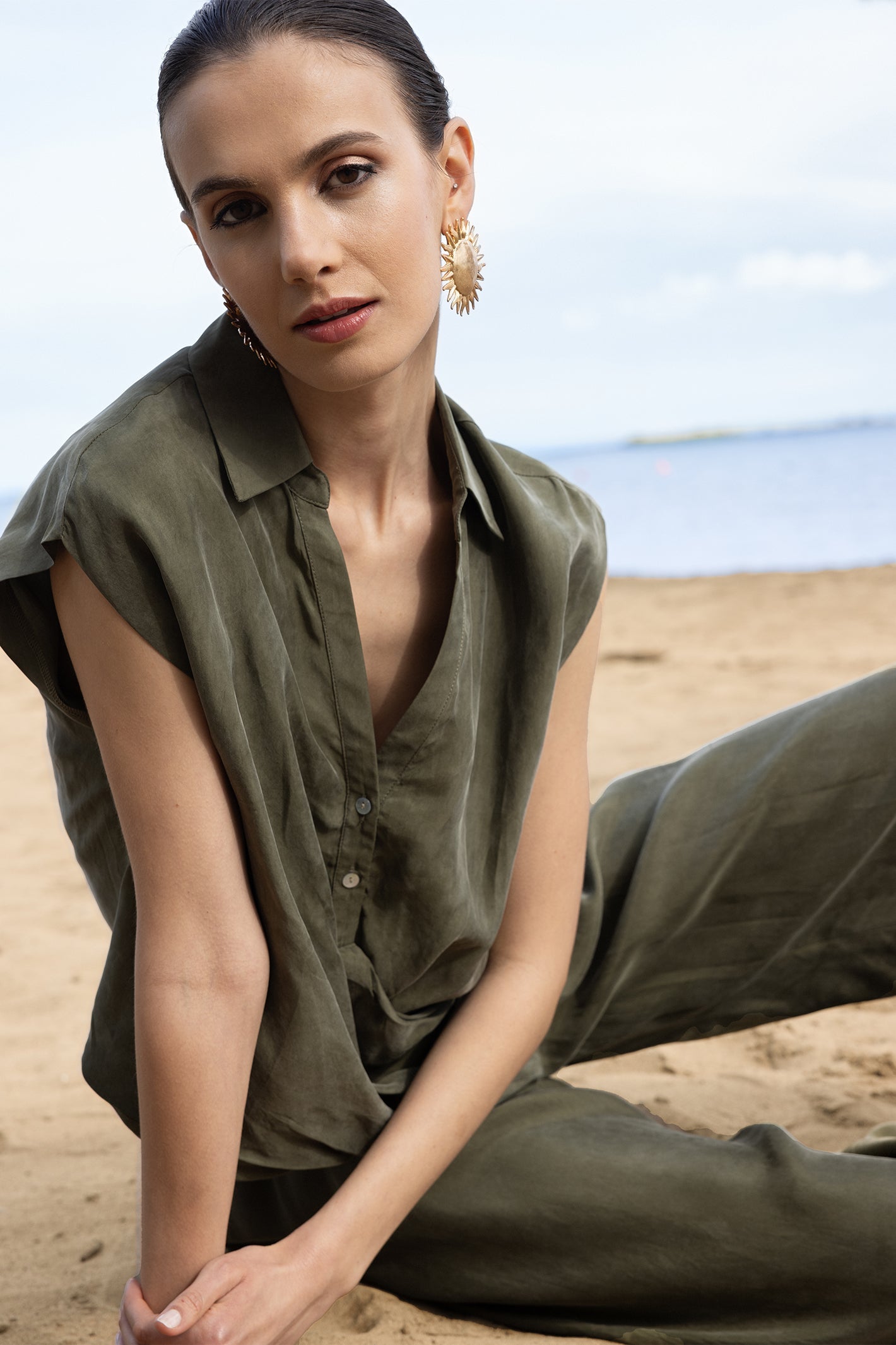 Alison Sheri A47535 Khaki Ruched Cap Sleeve Blouse
