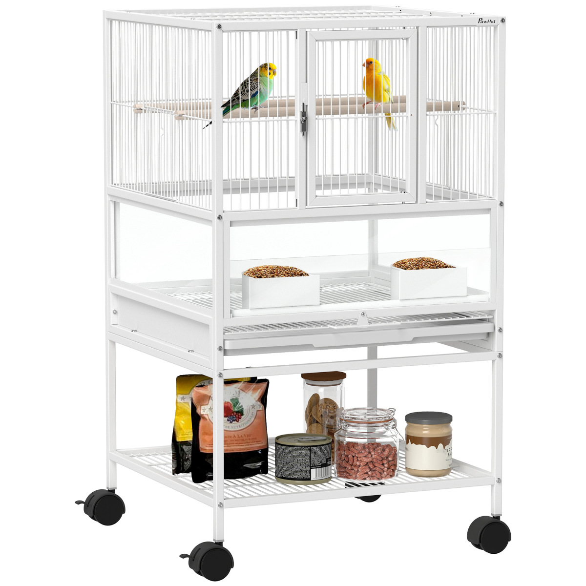 PawHut Bird Cage Parrot Cage with Rolling Stand Acrylic Viewing Panels White
